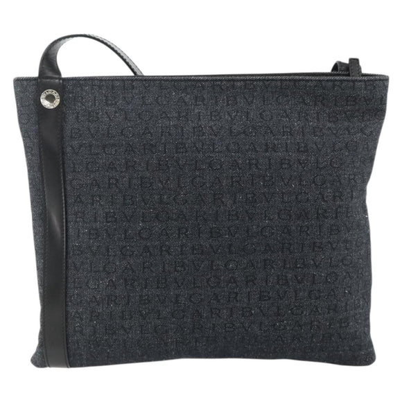 BVLGARI Logo Mania Shoulder Bag Denim Blue Silver Auth 175190