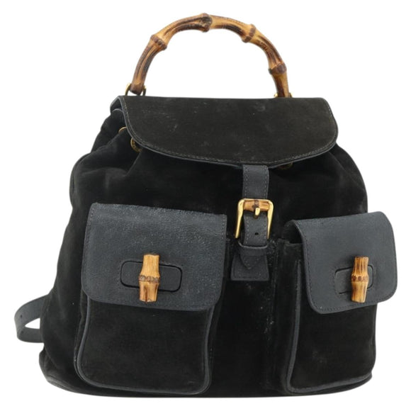 GUCCI Bamboo Backpack Suede Black Gold 003 2058 0016 Auth 175199