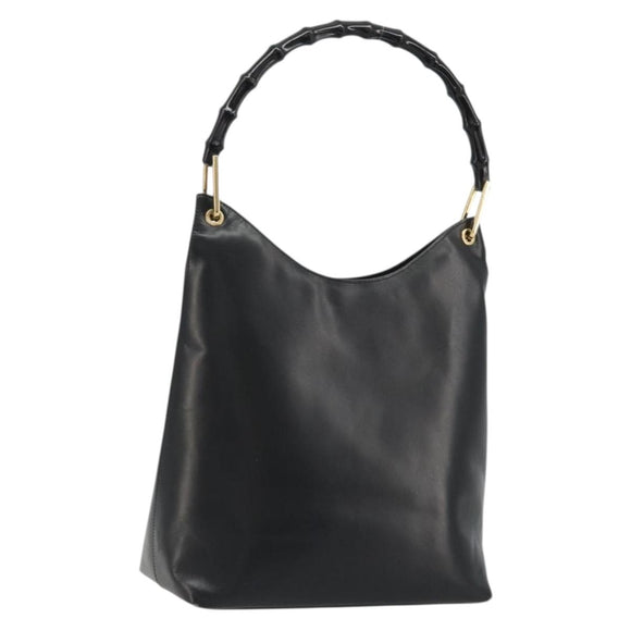 GUCCI Bamboo Shoulder Bag Leather Black Gold Auth 175213