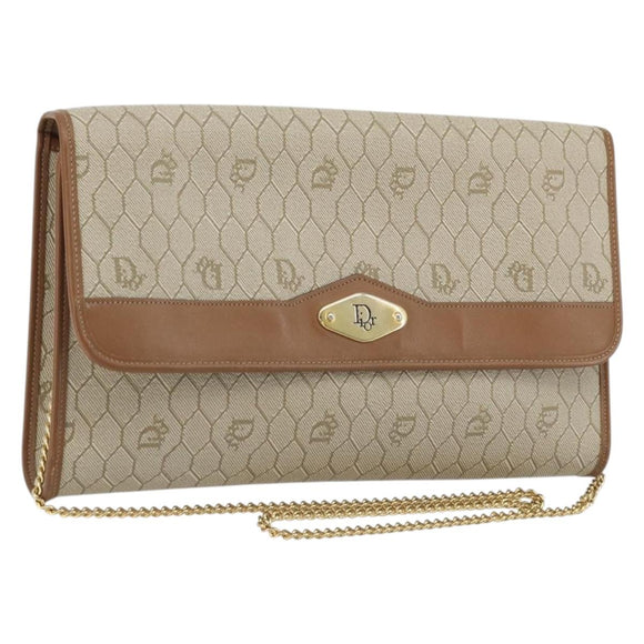 Christian Dior Honeycomb Canvas Chain Shoulder Bag PVC Beige Gold Auth 175219