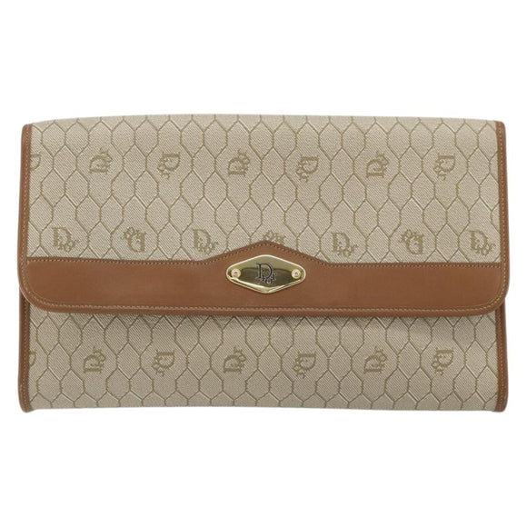 Christian Dior Honeycomb Canvas Chain Shoulder Bag PVC Beige Gold Auth 175219
