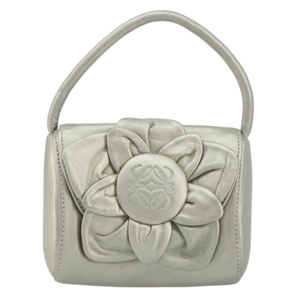 LOEWE Anagram Hand Pouch Leather Silver Auth 175225A