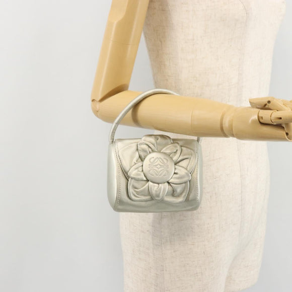 LOEWE Anagram Hand Pouch Leather Silver Auth 175225A