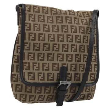 FENDI Zucchino Canvas Shoulder Bag Beige Silver Auth 175238A