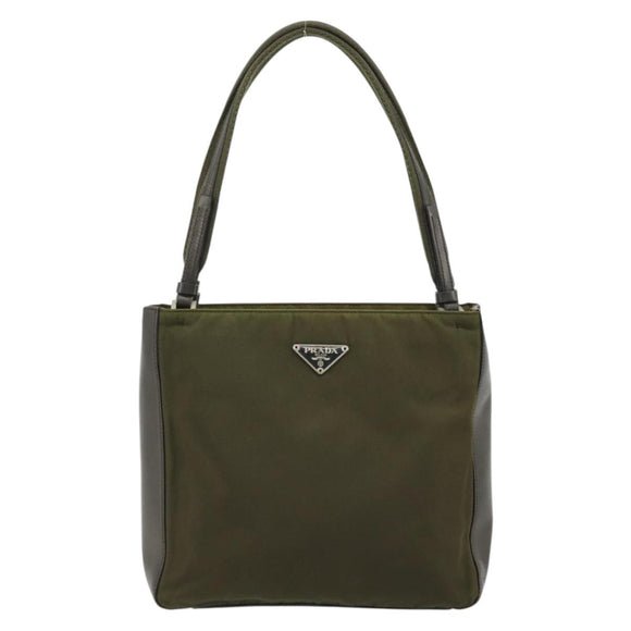 PRADA Hand Bag Nylon Khaki Silver Auth 175268