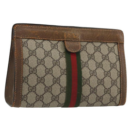 GUCCI GG Supreme Web Sherry Line Clutch Bag PVC Beige Red Green Auth 175278