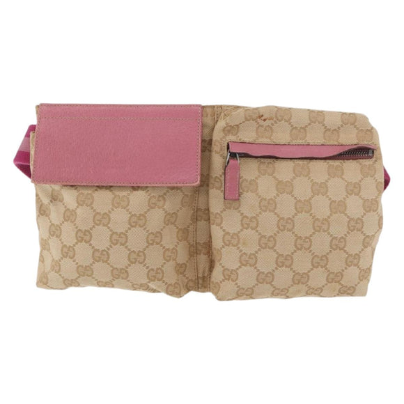 GUCCI GG Canvas Sherry Line Waist bag Beige Silver pink 28566 Auth 175298