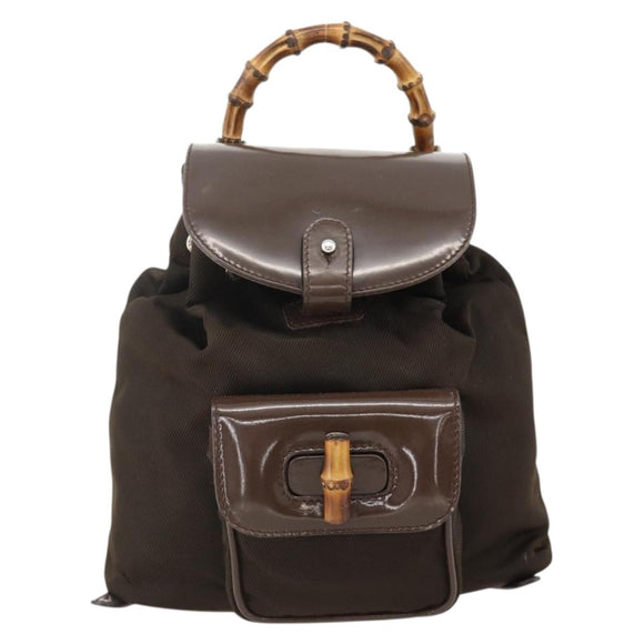 GUCCI Bamboo Backpack Nylon Brown Silver 003 1998 0030 Auth 175306