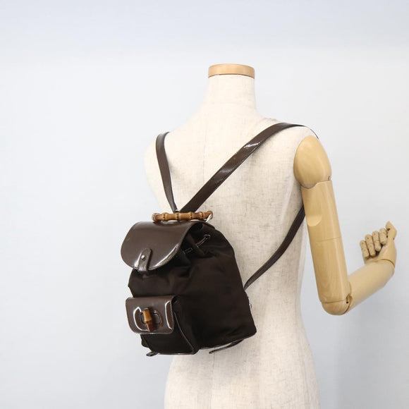 GUCCI Bamboo Backpack Nylon Brown Silver 003 1998 0030 Auth 175306
