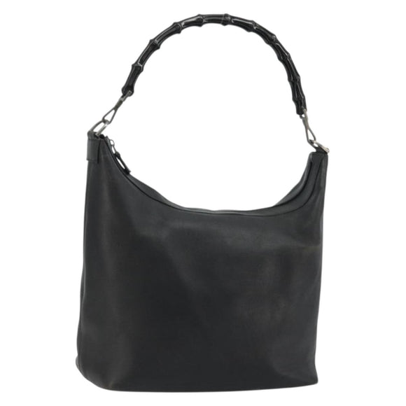 GUCCI Bamboo Shoulder Bag Leather Black Silver Auth 175312