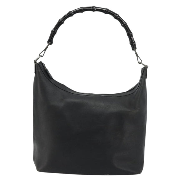 GUCCI Bamboo Shoulder Bag Leather Black Silver Auth 175312