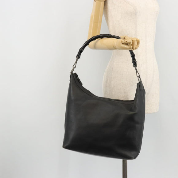 GUCCI Bamboo Shoulder Bag Leather Black Silver Auth 175312