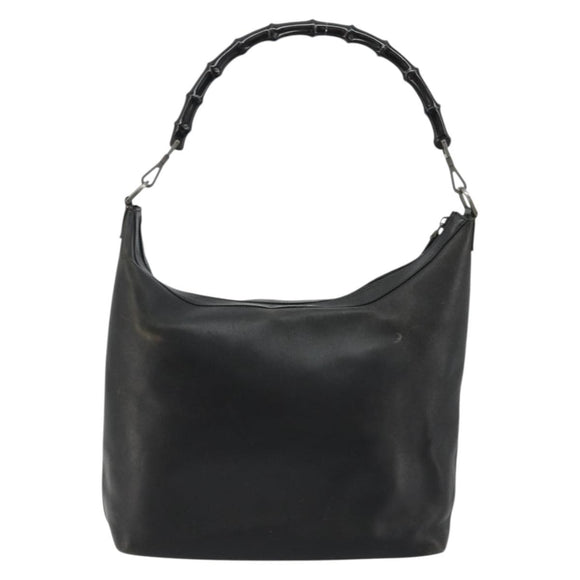 GUCCI Bamboo Shoulder Bag Leather Black Silver Auth 175312