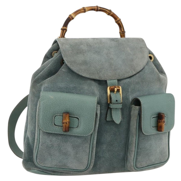 GUCCI Bamboo Backpack Suede Green Gold Auth 175320