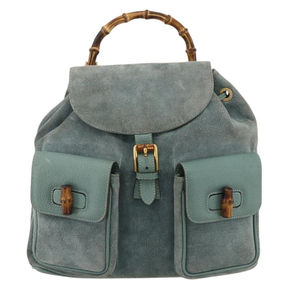 GUCCI Bamboo Backpack Suede Green Gold Auth 175320