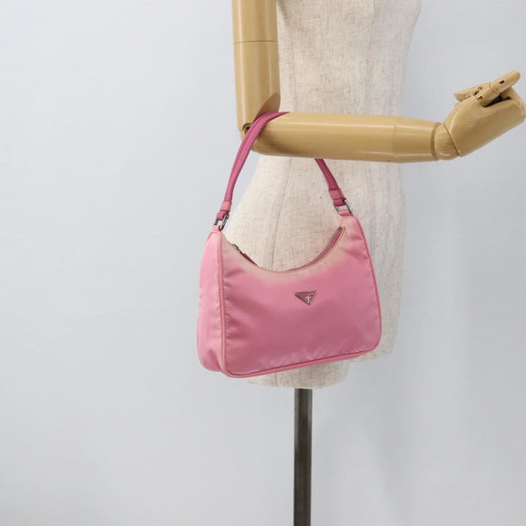 PRADA Hand Pouch Bag Nylon Pink Silver Auth 175327
