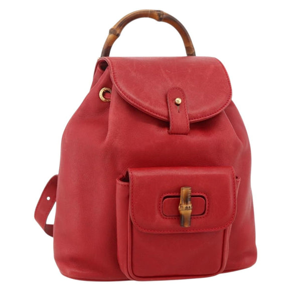 GUCCI Bamboo Backpack Leather Red Gold 003 2852 0030 0 Auth 175330