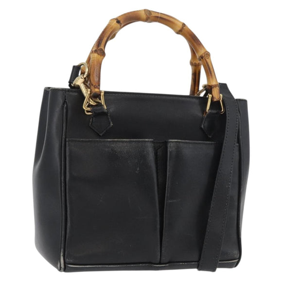 GUCCI Bamboo Hand Bag Leather 2way Black Gold 001 123 1638 Auth 175334