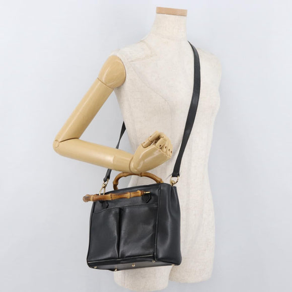 GUCCI Bamboo Hand Bag Leather 2way Black Gold 001 123 1638 Auth 175334