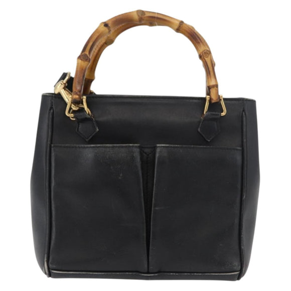 GUCCI Bamboo Hand Bag Leather 2way Black Gold 001 123 1638 Auth 175334