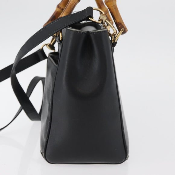 GUCCI Bamboo Hand Bag Leather 2way Black Gold 001 123 1638 Auth 175334
