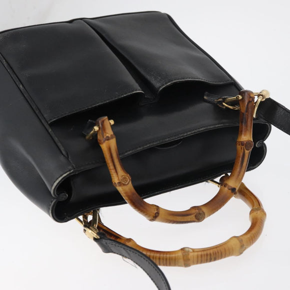 GUCCI Bamboo Hand Bag Leather 2way Black Gold 001 123 1638 Auth 175334