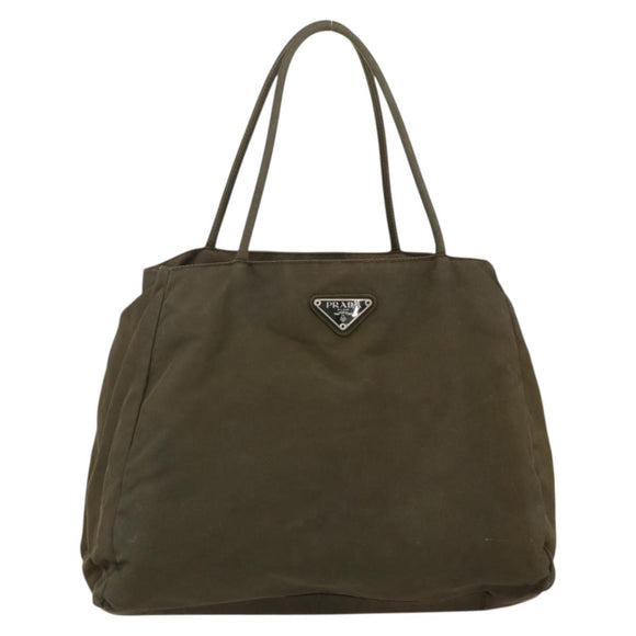 PRADA Hand Bag Nylon Khaki Silver Auth 175337