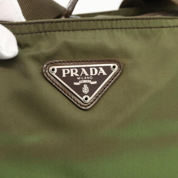 PRADA Tote Bag Nylon Khaki Silver Auth 175345