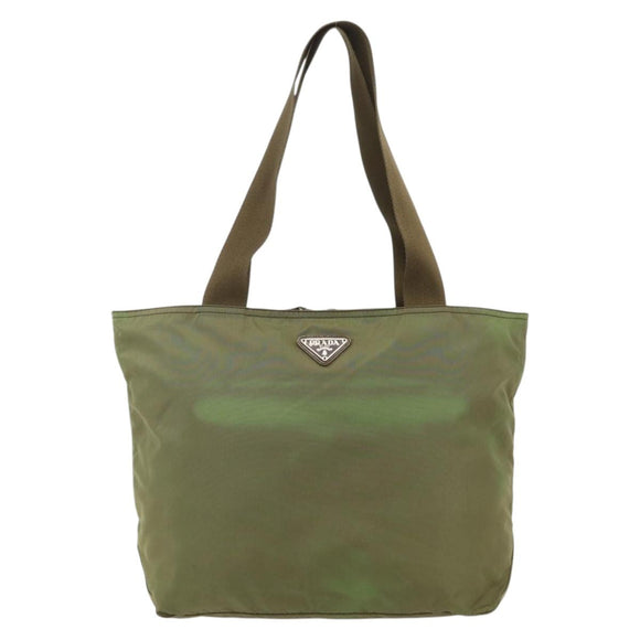 PRADA Tote Bag Nylon Khaki Silver Auth 175345