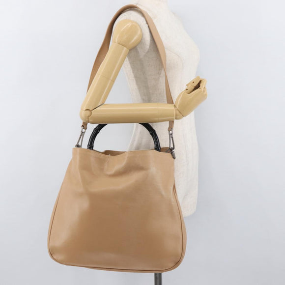 GUCCI Bamboo Shoulder Bag Leather 2way Beige Silver 001 1577 2123 Auth 175350