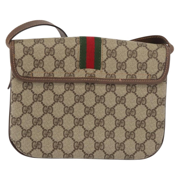 GUCCI GG Supreme Web Sherry Line Shoulder Bag PVC Beige Gold Auth 175366