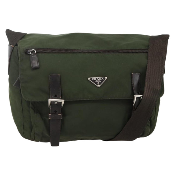PRADA Shoulder Bag Nylon Khaki Silver Auth 175382