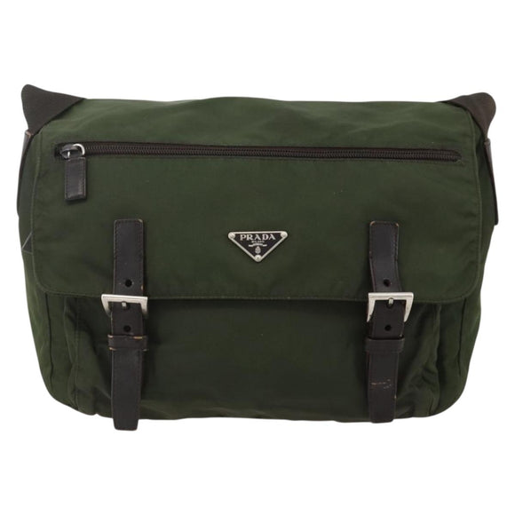 PRADA Shoulder Bag Nylon Khaki Silver Auth 175382