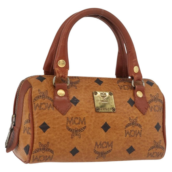 MCM Vicetos Mini Logogram Boston Bag PVC Leather Brown Gold Auth 175424