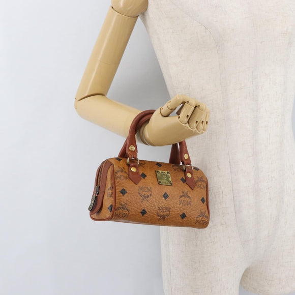 MCM Vicetos Mini Logogram Boston Bag PVC Leather Brown Gold Auth 175424