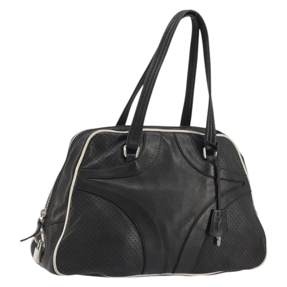 PRADA Hand Bag Leather Black Silver Auth 175445A