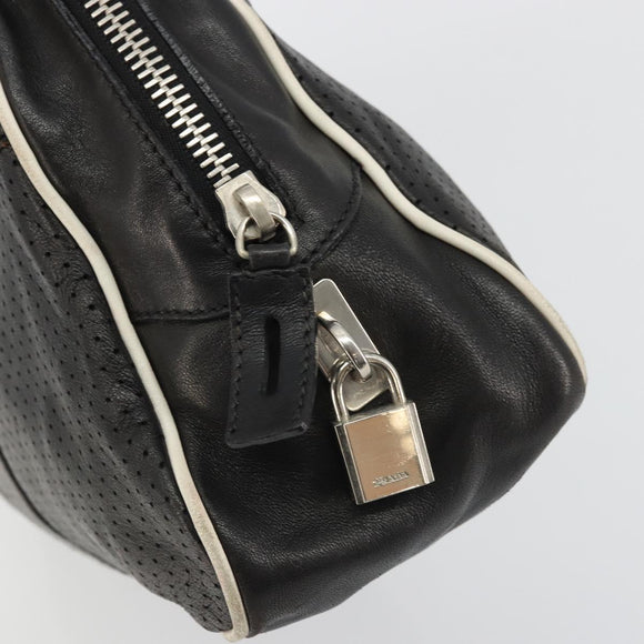 PRADA Hand Bag Leather Black Silver Auth 175445A