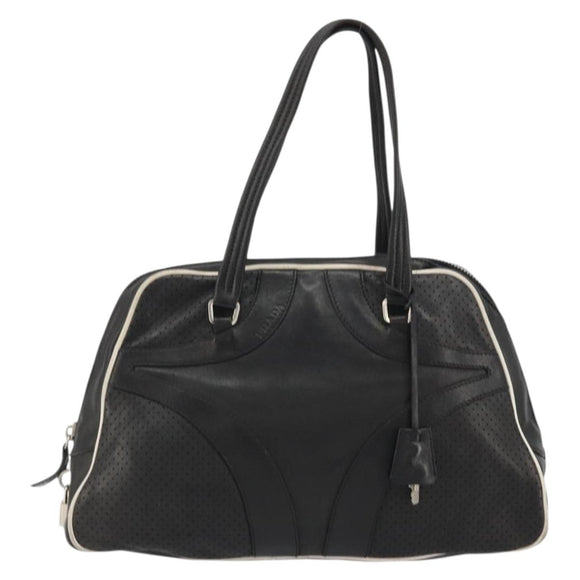 PRADA Hand Bag Leather Black Silver Auth 175445A