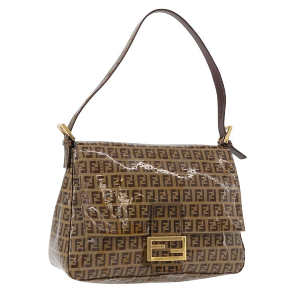 FENDI Zucchino Canvas Mamma Baguette Shoulder Bag Beige Gold Auth 175477
