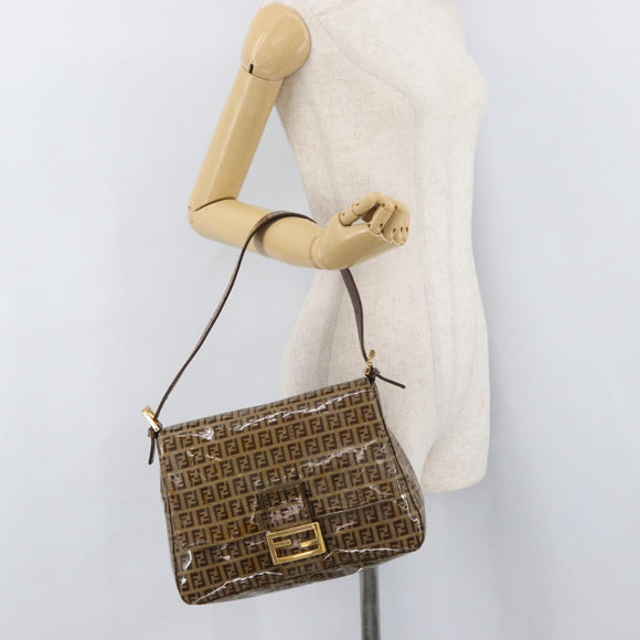 FENDI Zucchino Canvas Mamma Baguette Shoulder Bag Beige Gold Auth 175477