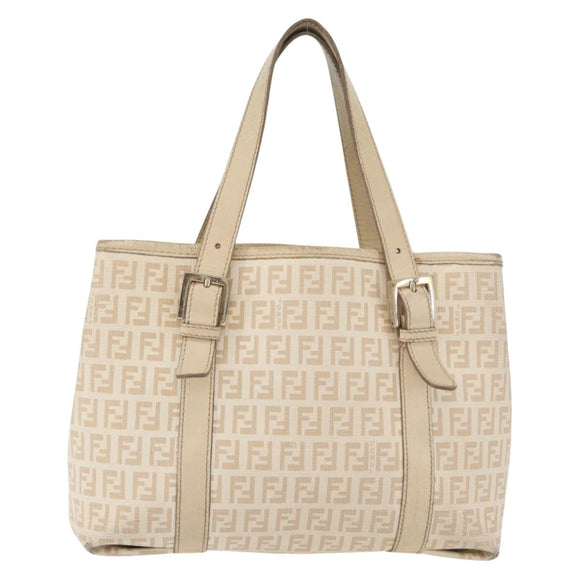 FENDI Zucchino Canvas Hand Bag Ivory Gold Auth 175493