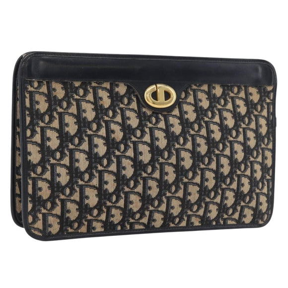 Christian Dior Trotter Canvas Clutch Bag Navy Gold Auth 175496