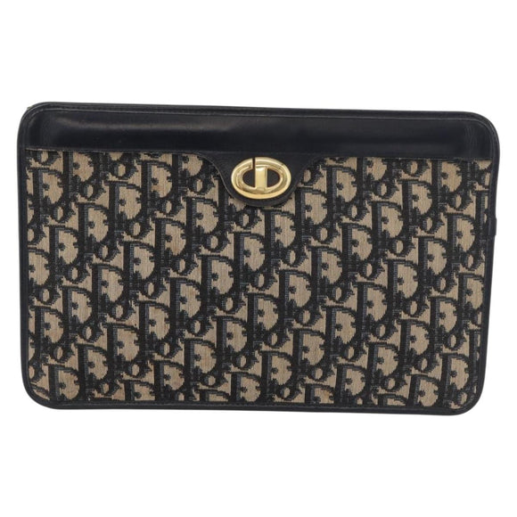Christian Dior Trotter Canvas Clutch Bag Navy Gold Auth 175496