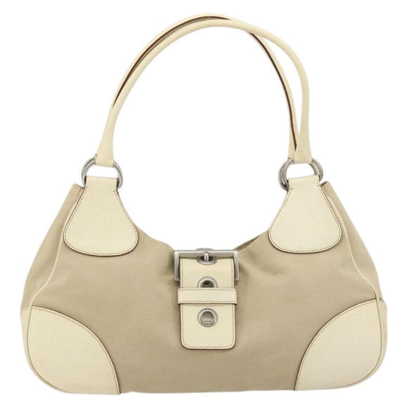 PRADA Shoulder Bag Canvas Beige Silver Auth 175516A