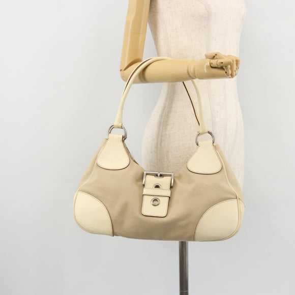 PRADA Shoulder Bag Canvas Beige Silver Auth 175516A
