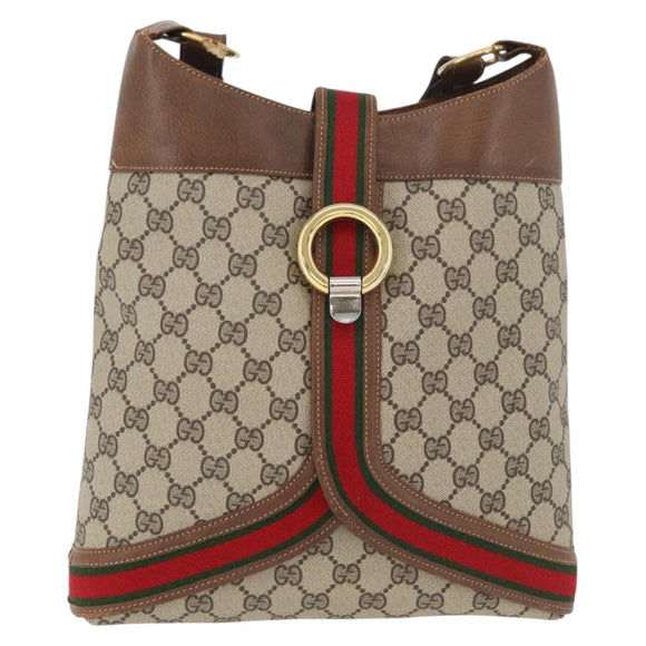 GUCCI GG Supreme Web Sherry Line Shoulder Bag PVC Beige Gold Red Auth 175561