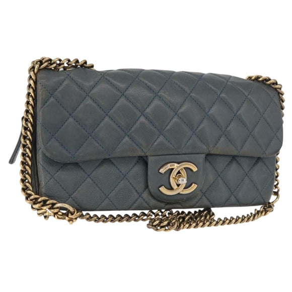 CHANEL Chain Matelasse 25 Shoulder Bag Lamb Skin Blue Gold CC Auth 175572A