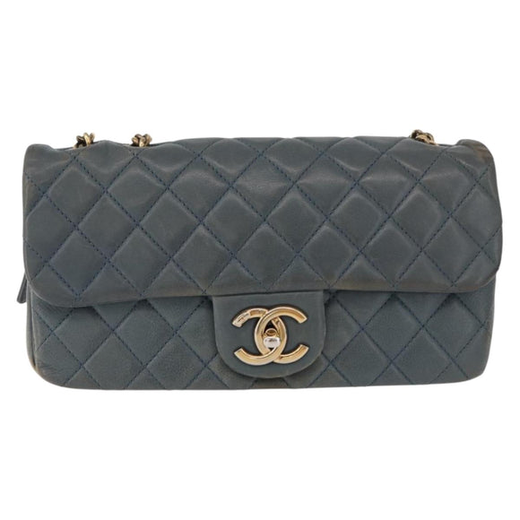CHANEL Chain Matelasse 25 Shoulder Bag Lamb Skin Blue Gold CC Auth 175572A