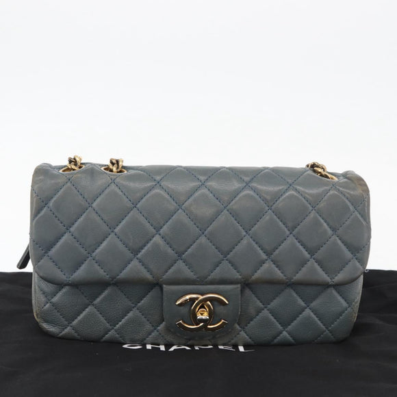 CHANEL Chain Matelasse 25 Shoulder Bag Lamb Skin Blue Gold CC Auth 175572A