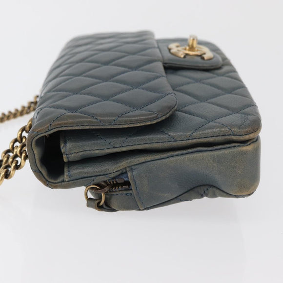 CHANEL Chain Matelasse 25 Shoulder Bag Lamb Skin Blue Gold CC Auth 175572A